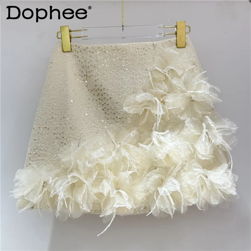 

2024 Autumn New Three-dimensional Feather Diamond Design Temperament High Waist Versatile Women's Skirt Korean Fashion Clothing