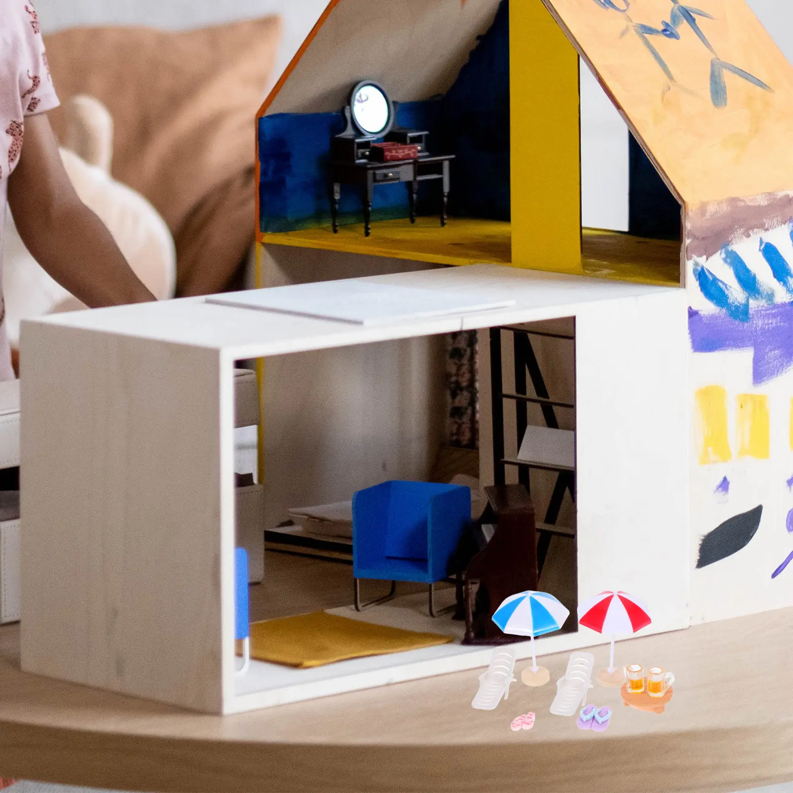 

1Set Miniature Beach Furniture Set Dollhouse Poolside Umbrella Chairs Beach Slippers Coastal Decoration Fairy Garden Outdoor