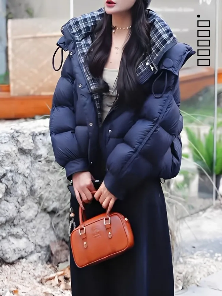 

Зимняя женская утепленная куртка-пуховик в клетку с цветовыми блоками, свободного кроя, на молнии, в корейском стиле, для повседневной носки