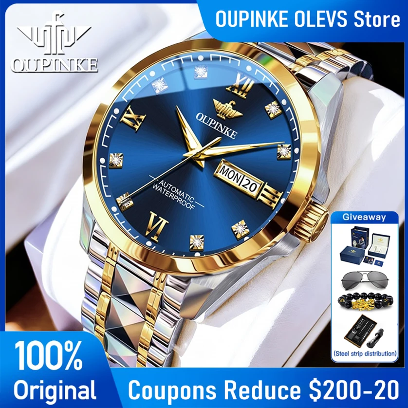 OUPINKE, reloj para hombre 3262, marca superior de lujo, reloj mecánico automático de acero de tungsteno, relojes con fecha semanal resistente al agua hasta 50M para hombre
