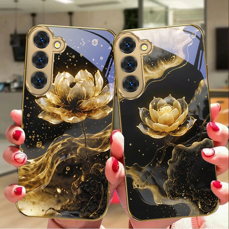 

Abstract Art Golden Lotus For Samsung Galaxy S26 S20 FE S21Plus S22 23 Plus S24 Ultra S25 S21+ S9 22Plus Golden glass phone case