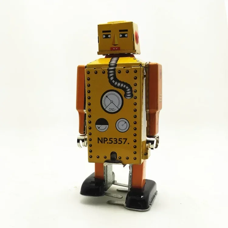 [Zabawna] Kolekcja dla dorosłych Retro Wind up zabawka Metalowa puszka Żółty robot Zabawka mechaniczna Zegar zabawka figurki model prezent dla dzieci