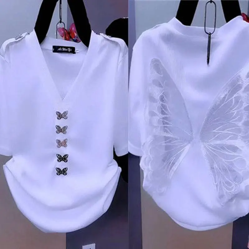 

Korean Solid Color T-shirt Stylish Butterfly Three-dimensional Decoration Female Summer Elegant V-Neck Sexy Backless Pullovers