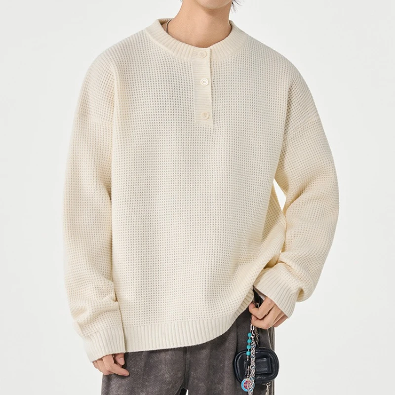 Men's Pullover Casual Stand Collar Pullover Sweater Quarter Button Up Knit Sweater for Men Long Sleeve Cable Knit Sweatshirt