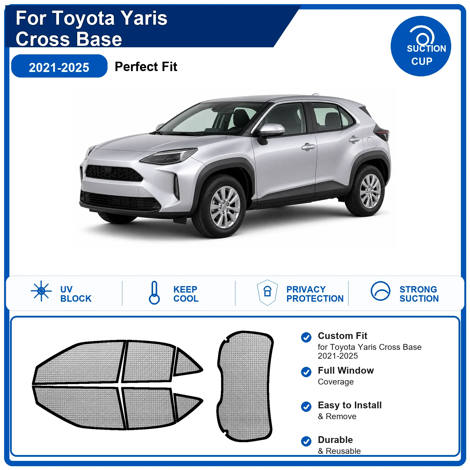 For Toyota Yaris Cross Base 2021-2025 Custom Full Set Windshield Sun Shade Aluminum Foil Heat Insulation Anti UV Foldable
