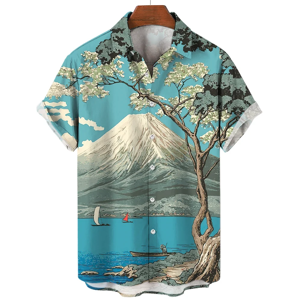 Ocean Y2K Vintage Men\'S Lapel Social 3d Casual Hawaiian Fashion Shirt For Man Street Short Sleeves Male Clothes Camisas Casuais