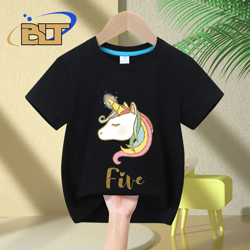 Girls Unicorn 5th Birthday T-shirt summer kids cotton short-sleeved casual top birthday gift