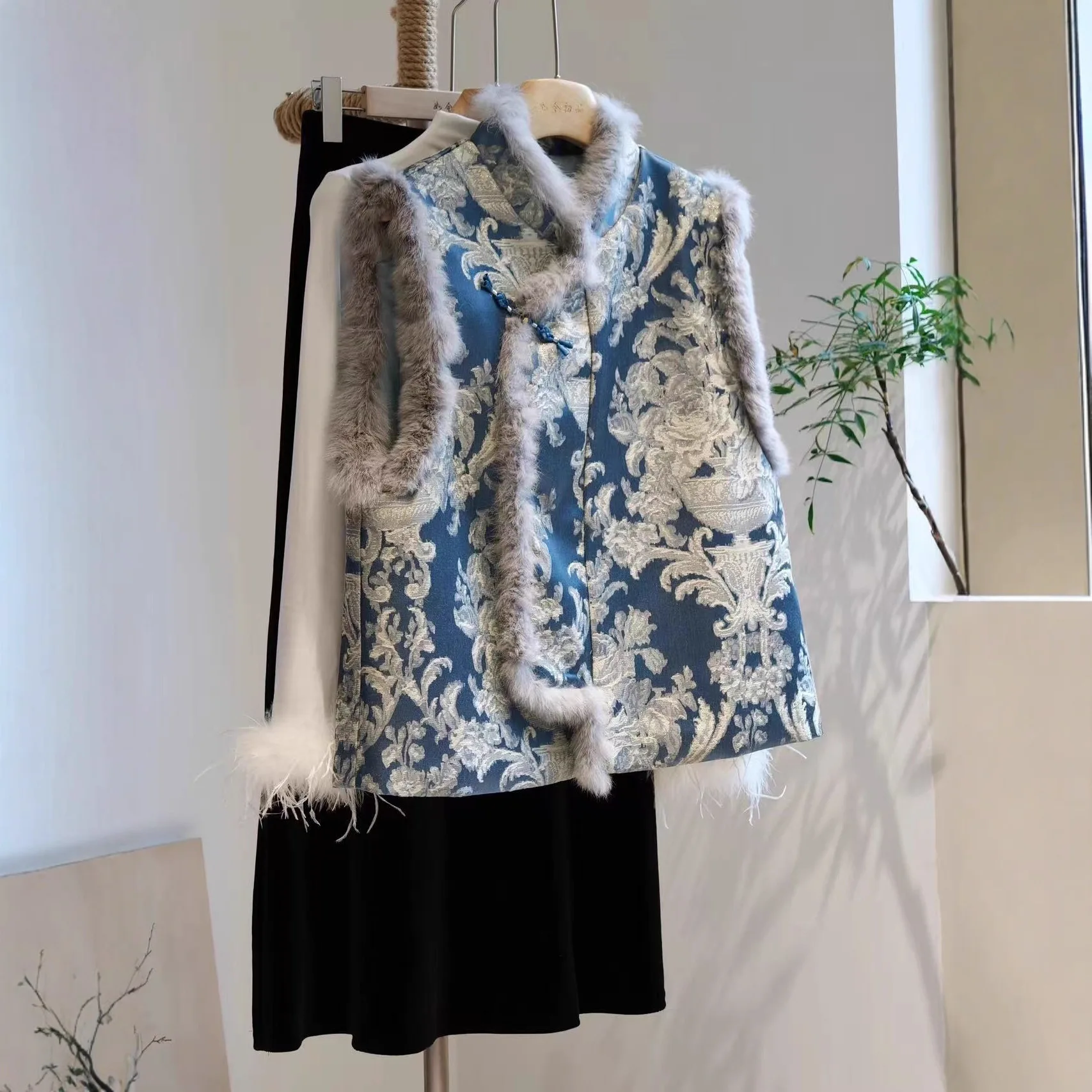 Uui mao novo casaco estilo chinês novo brocado jacquard herança cultural intangível colete jaqueta sem mangas pele de coelho