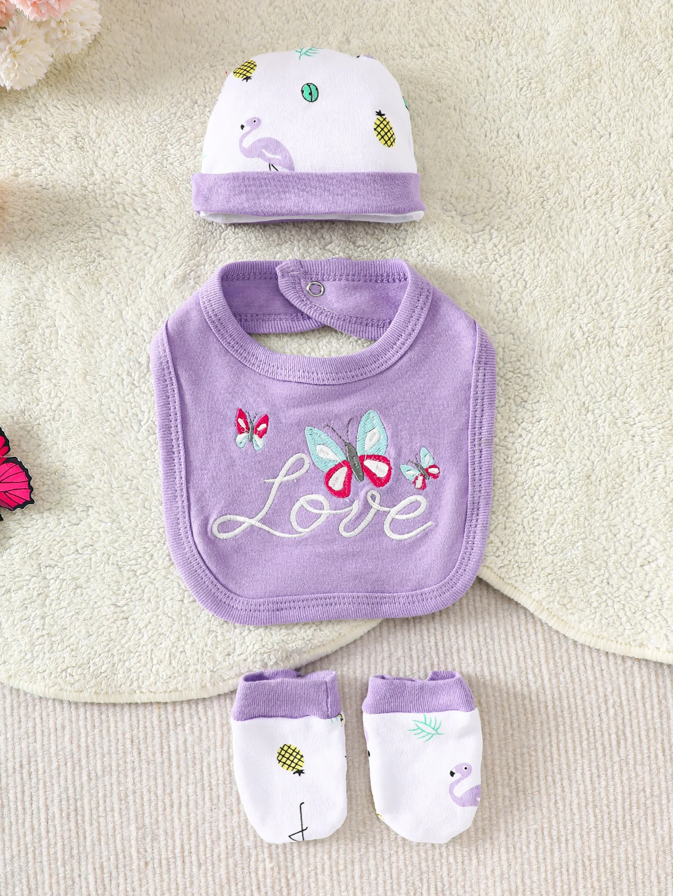 8-teiliges Baby-Set für kleine Prinzessinnen, Neugeborenen-Strampler mit Einhorn- und Schmetterlingsmuster, Mütze, Lätzchen, Socken, Hose, Outfit – Detail 8