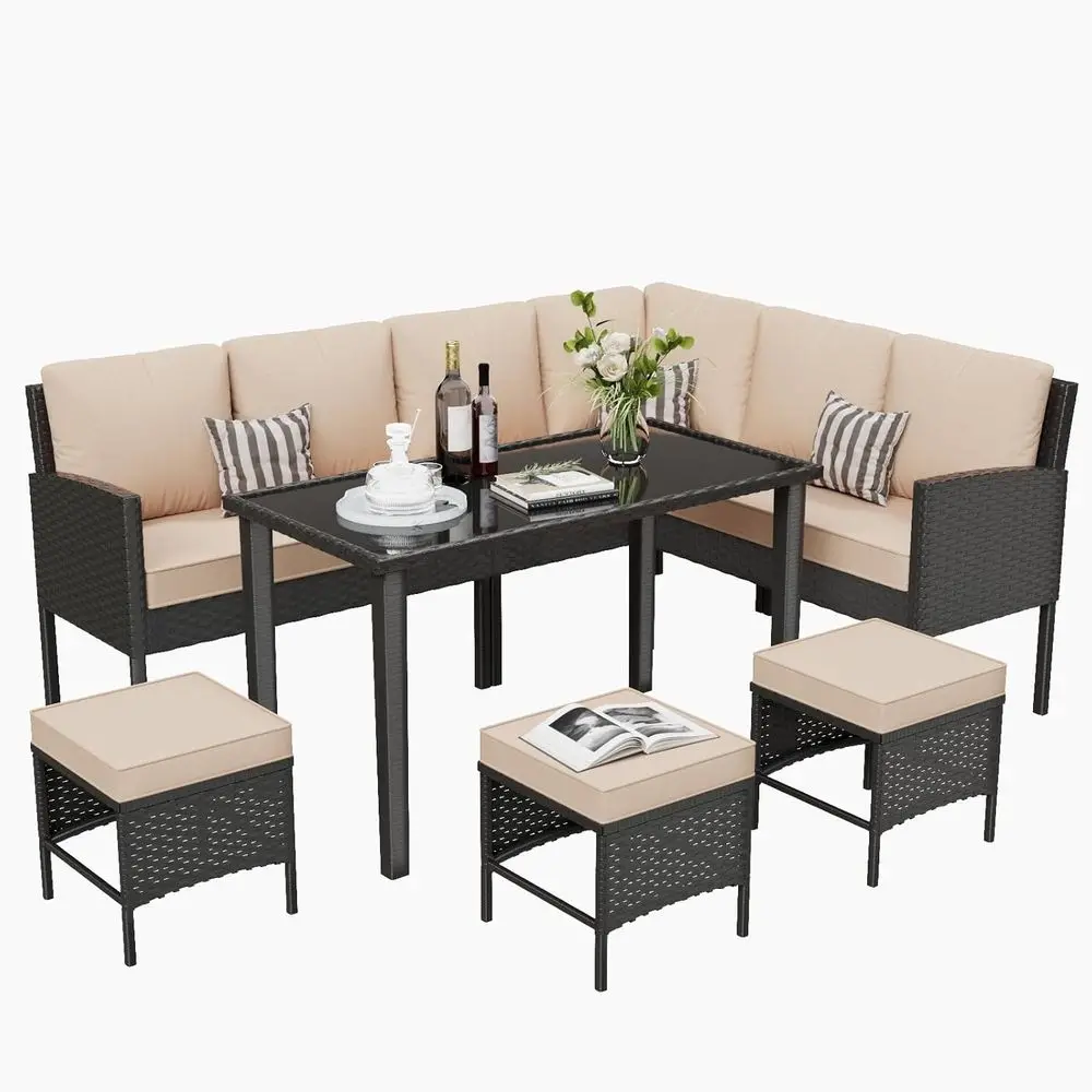 

7-Piece Outdoor Wicker Sectional Sofa Set with Cushions and Pillows, Weather-Resistant for Patio, Garden, Porch, Lawn in Khaki