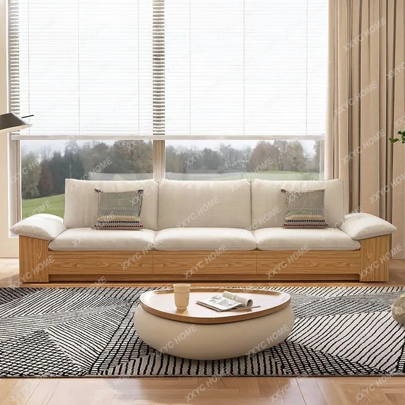 Primary color new Chinese solid wood sofa living room simple storage platform removable and washable fabric log wind