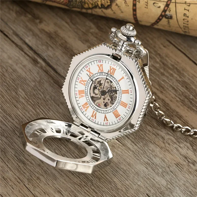 Silver Hollow Octagon Men Women Hand-winding Mechanical Pocket Watch Skeleton Clock Roman Number Dial Pendant Chain Reloj