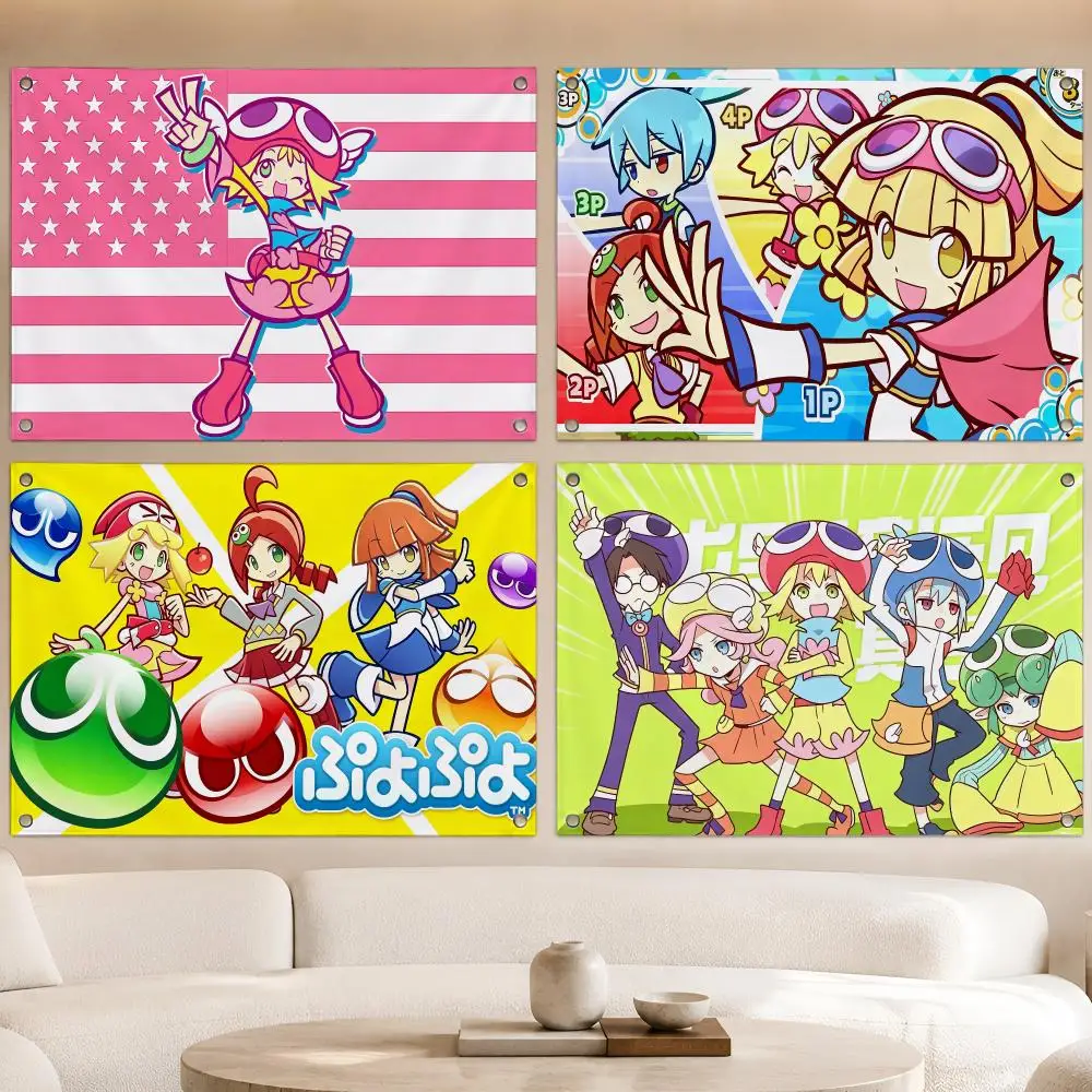 Puyo Pop Fever Flags Fan Banner Tapestry Wall Hanging Garage BarDorm Camp Party Outdoor Home Decor Gift