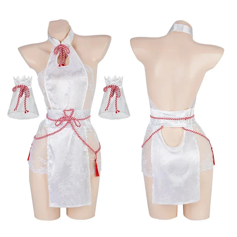 

Halloween Anime Little Fox Girl Miko Cosplay Backless Cheongsam Dress Lolita Lace Hollow Out Qipao Uniform Lingerie Sleepwear