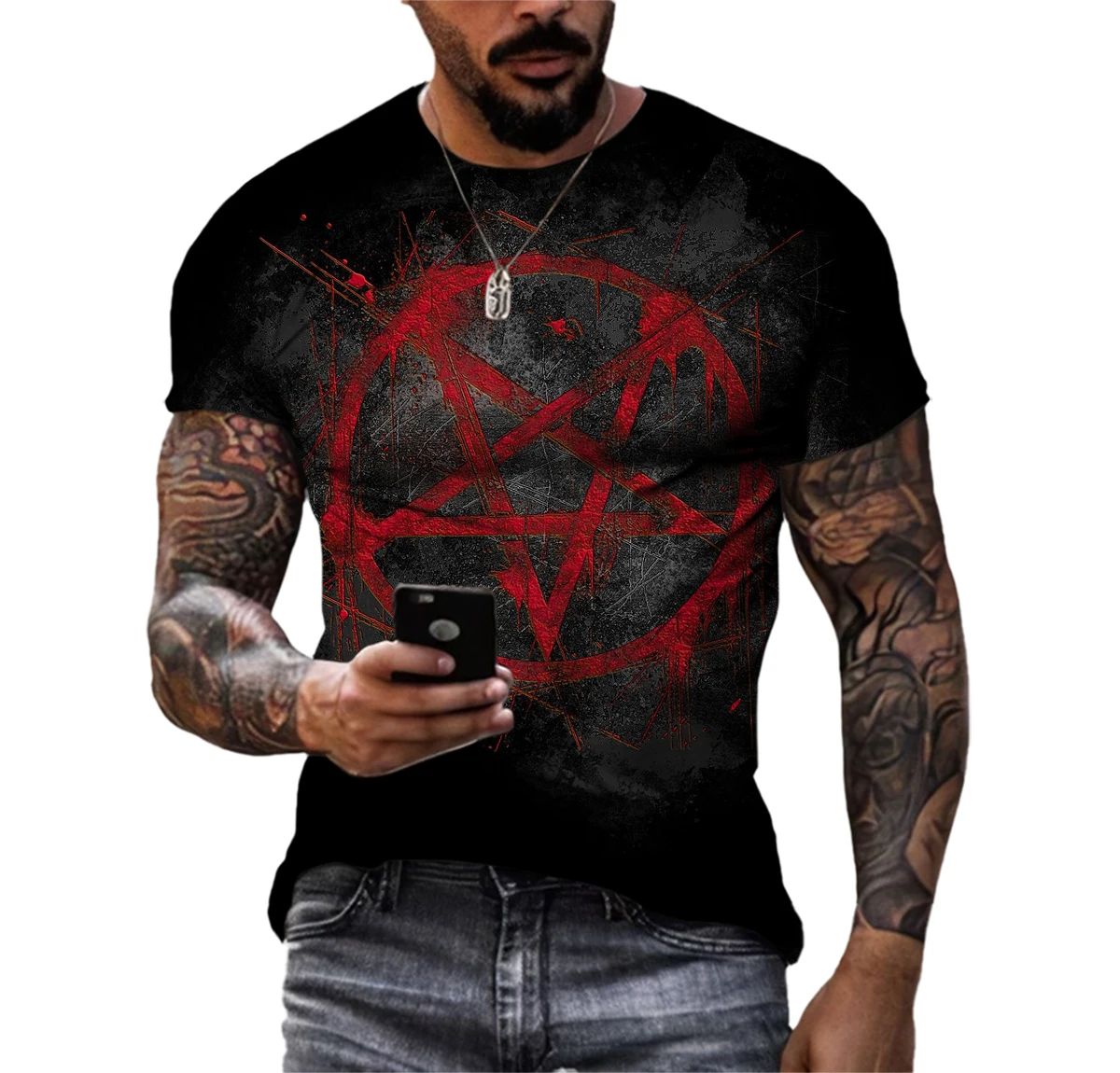 Summer Fashion Creative Pentagram Pattern 3D Printing Men\'s T-shirt Handsome Short-sleeved Fitness Sports Quick-drying Clothes