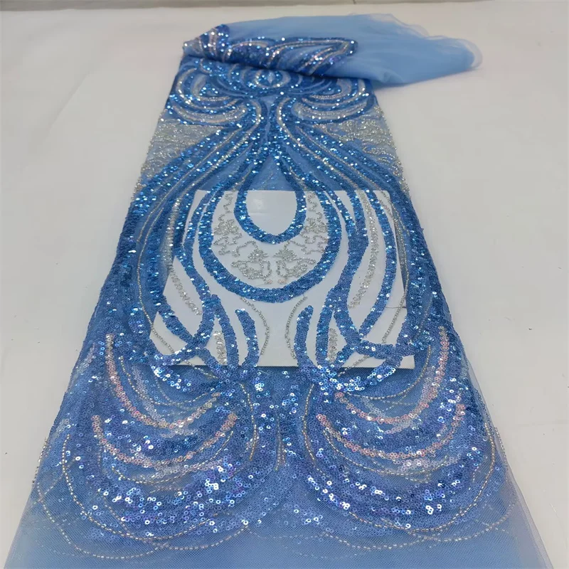 

Luxury African Heavy Beaded Lace Fabric 2025 High Quality Nigerian Sequins Tulle Lace Fabric 5 Yards for Wedding Dress