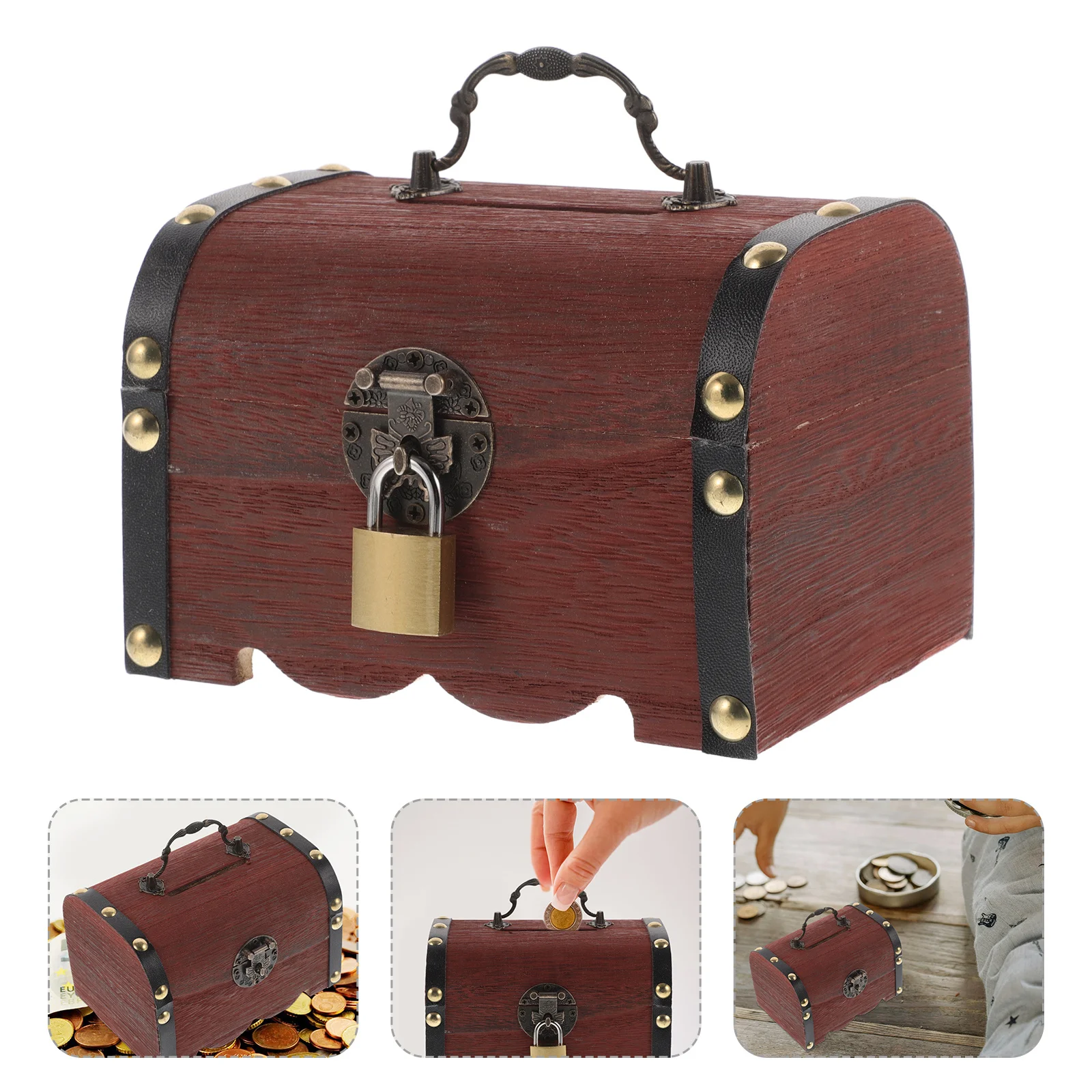 

Style Wooden Treasure Chest for Kids with Lock Spacious Coin and Bill Storage Box Encourages Saving Habits