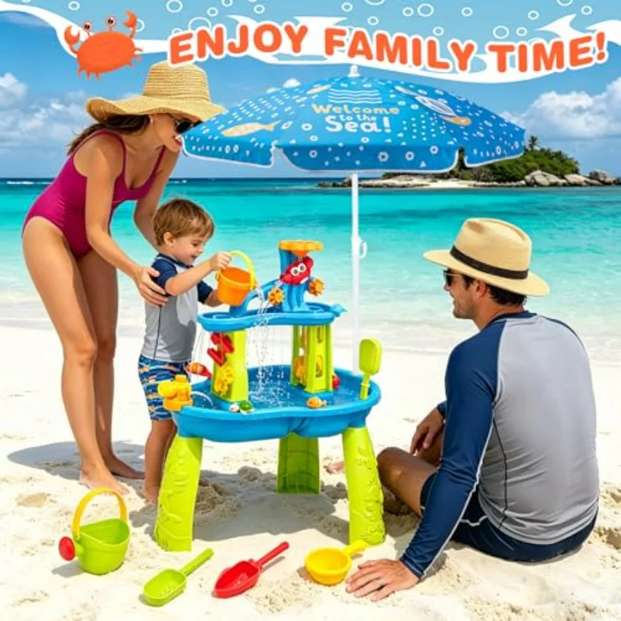 Outdoor 3-tier water table for toddlers 3-5 and kids up to 8 years, durable plastic, blue, adjustable umbrella, sensory play an