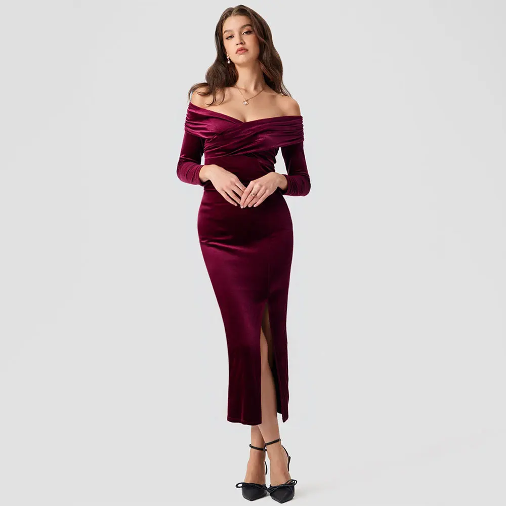 Velvet Bodycon Dress Women New Cross V Neck One Shoulder Slit Long Dress