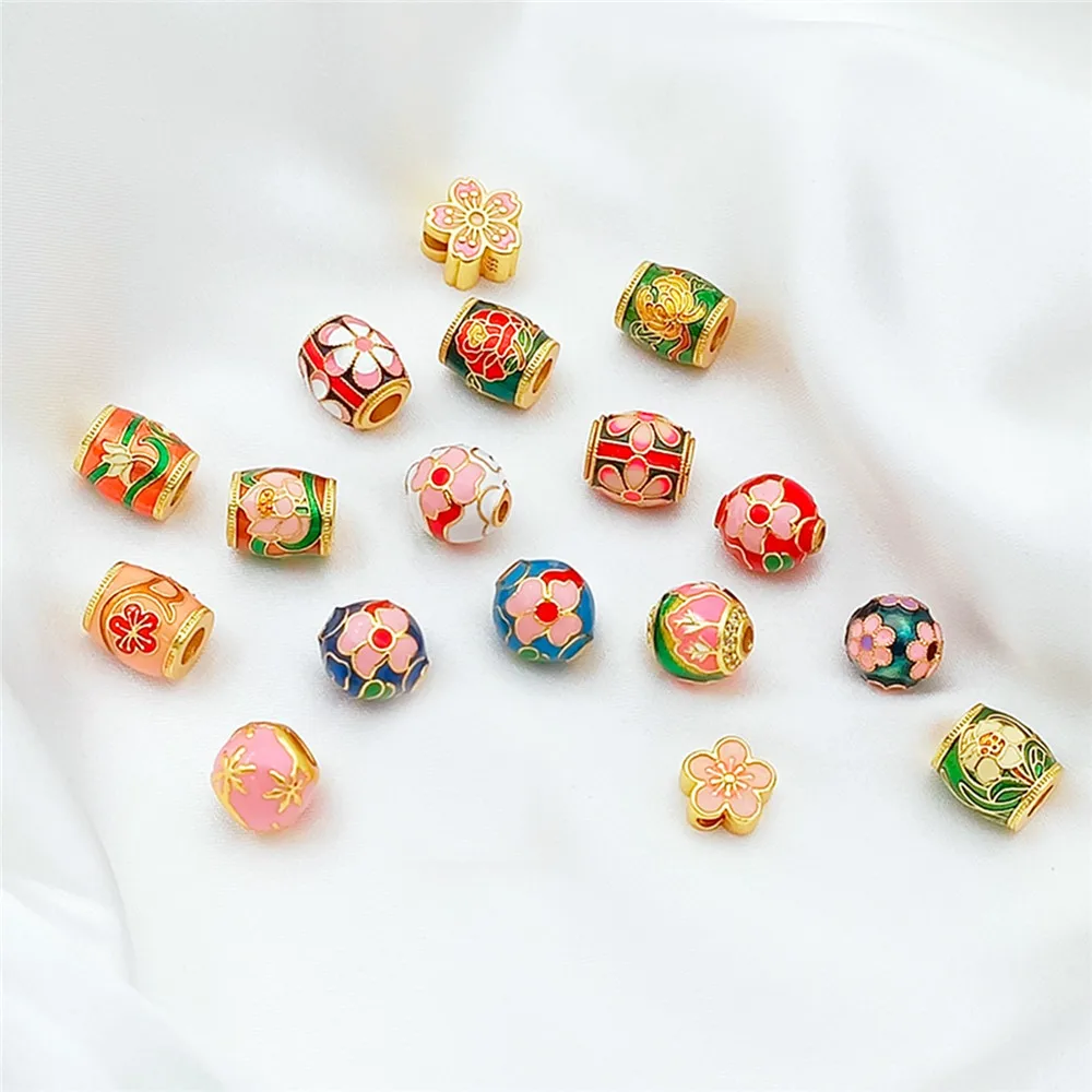 18K Copper Plated Sand Gold Oil-dropped Fired Blue Flower Goddess Bucket Beads Handcrafted Diy Bead Separation Jewelry Material