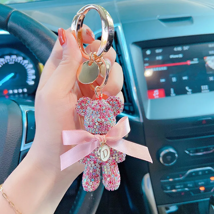 Fashion Full Diamond Medium Violent Bear Car Keychain Creative Letter Big Round Chain Keychain Bag Pendant Doll Girl