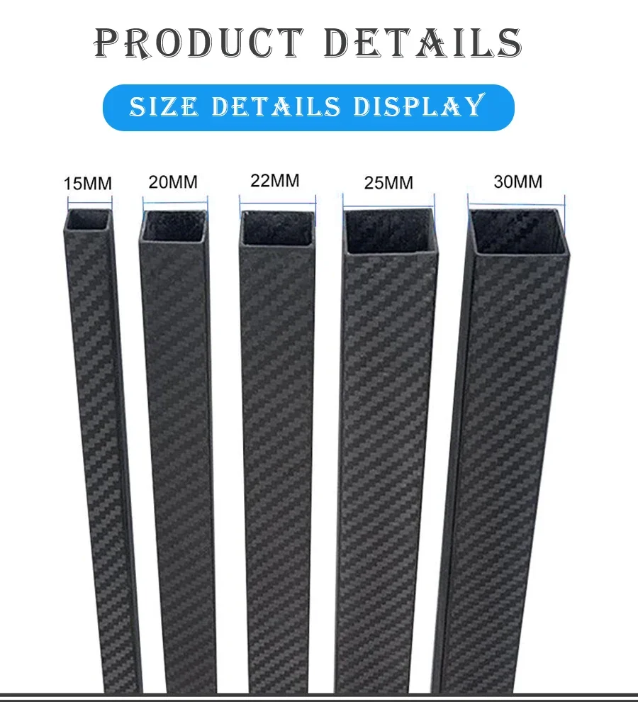 1Pcs Length 600mm Carbon Fiber Square Tube 3K Plain Glossy High Composite Hardness Material Pipe OD 15mm 20mm 22mm 25mm 30mm