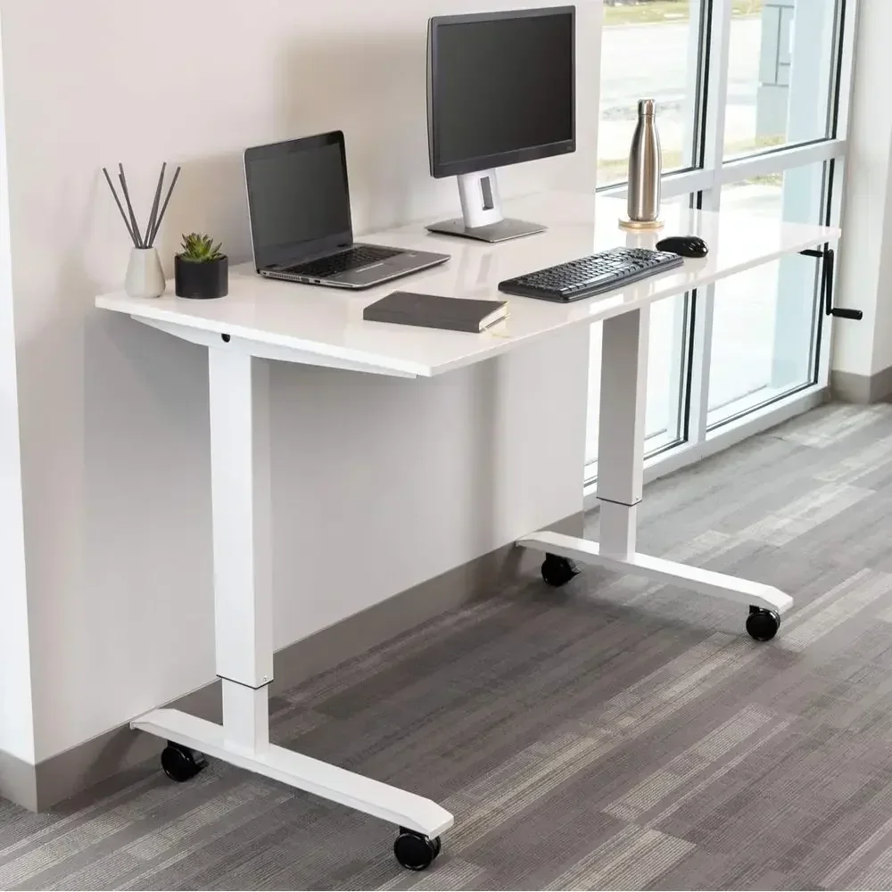 Adjustable Height Rolling Standing Desk with White Glossy Top, 60 Wide
