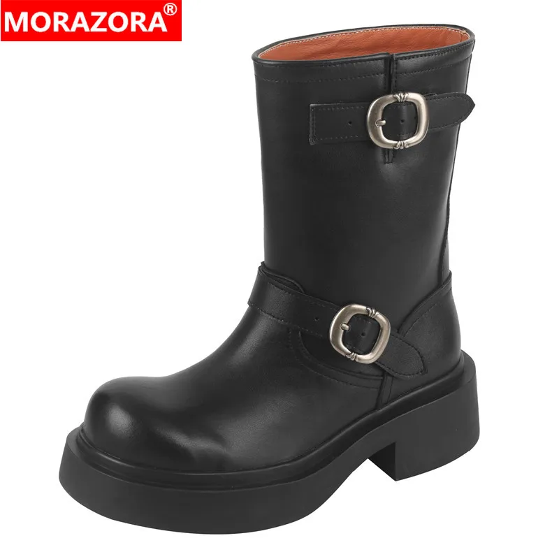 

MORAZORA 2024 New Women's Motorcycle Boots Buckle Square Heels Genuine Leather Ankle Boots Autumn Winter Fashion Botas Female