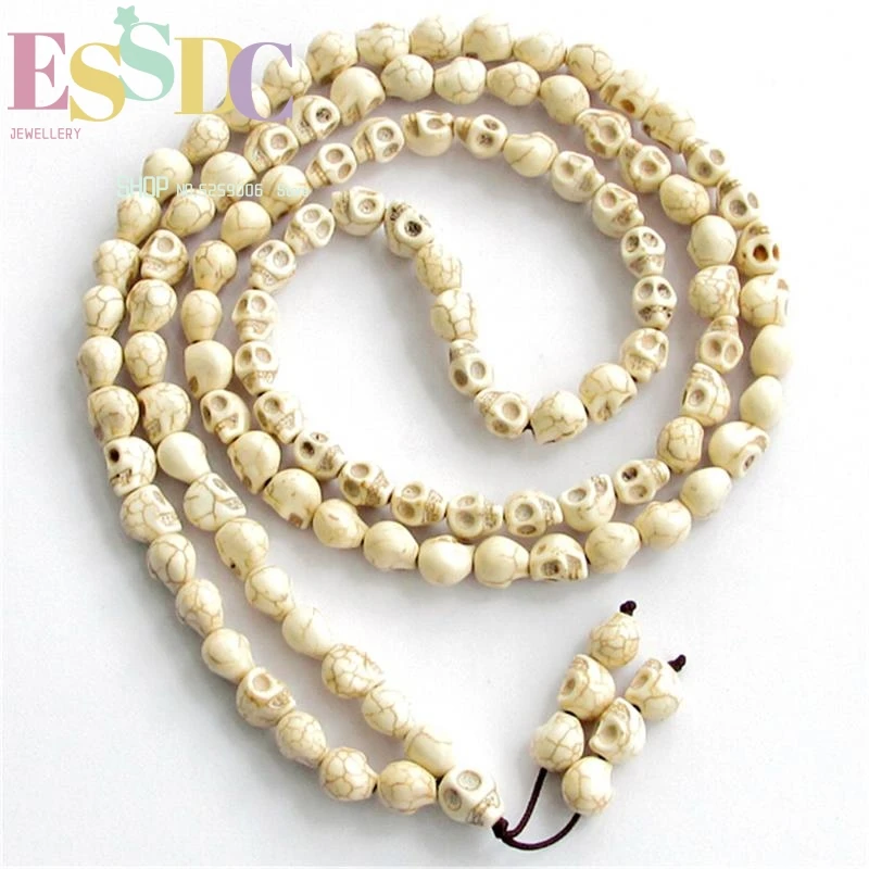 

Natural Gem Stone Howlite Beads Hand Carved Skull Tibetan Buddhist 108 Prayer Mala Bracelet or Necklace 10*8mm Dropship