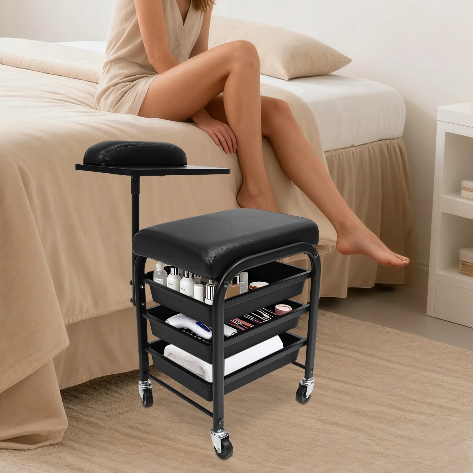Spa Portable Cart, 3 Drawers Beauty Salon Nail Cart, Floorstanding Rolling Storage Cart with 360° Rotating Hand Support Sturdy and Durable