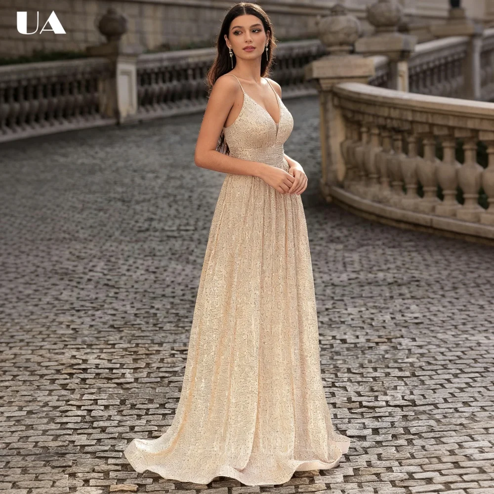 

ULBYANRY Sparkly A-line V-neck Prom Dress with Spaghetti Strap Sexy Backless Lace-up Evening Dress Trendy Sleeveless Party Dress