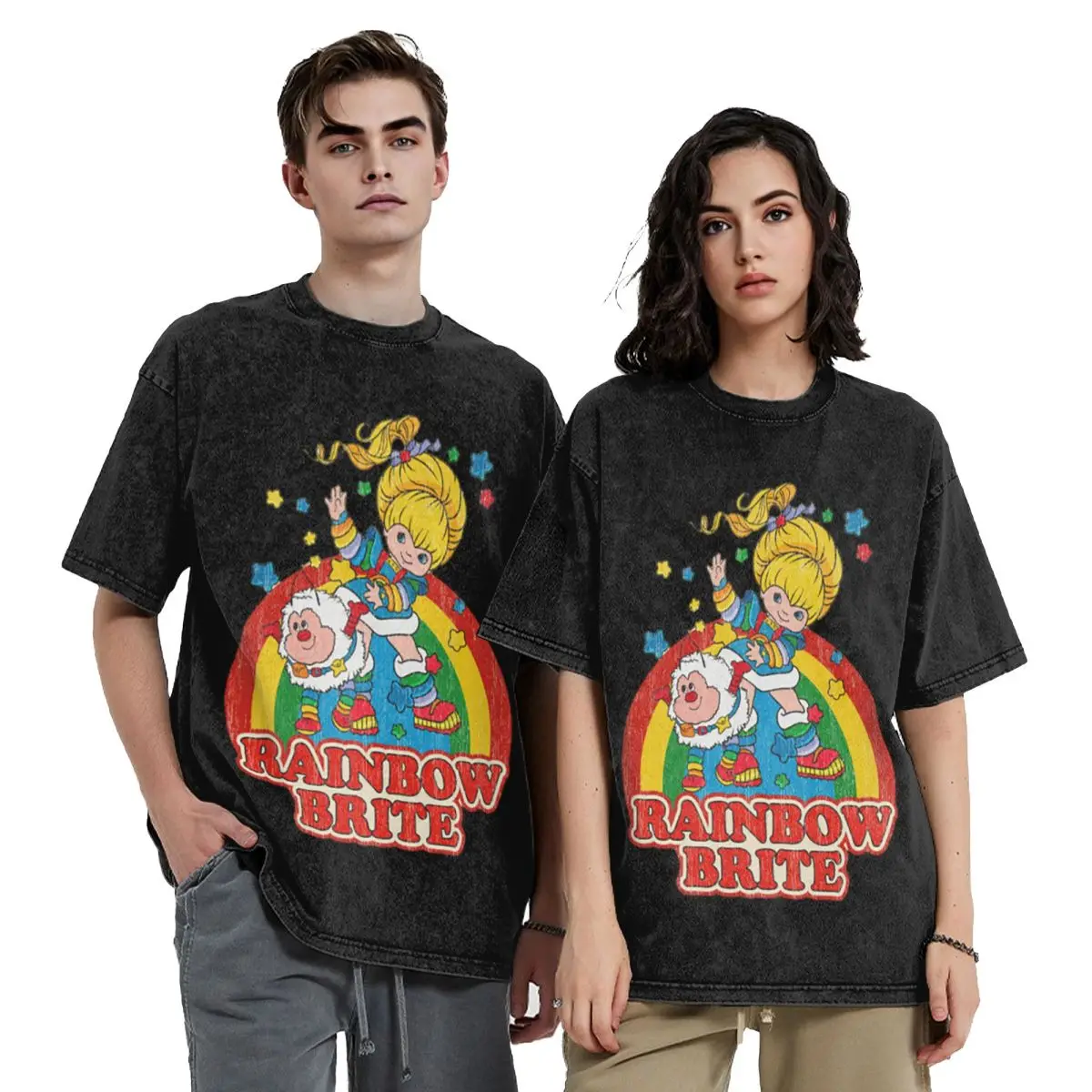 

Rainbow Brite Vintage Colorful Design Hip Hop Short Sleeve T-Shirts Washed Tops Tees Streetwear T Shirt Printed for Men Women