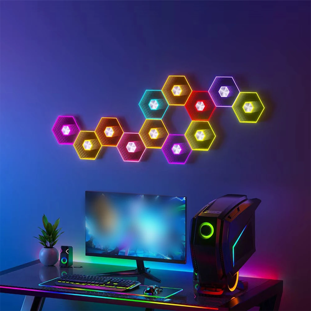 

Светодиодные RGB-панели в форме шестиугольников, декоративные светильники, модульные панели DIY с 16 млн цветов и управлением музыкой, настенный светильник для создания киберспортивной атмосферы