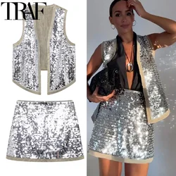 TRAF Sequin Mini Skirt Sets Womens 2 Piece Cardigan Sleeveless Jacket Woman Glitter Silver Two Piece Set For Women Summer 2024