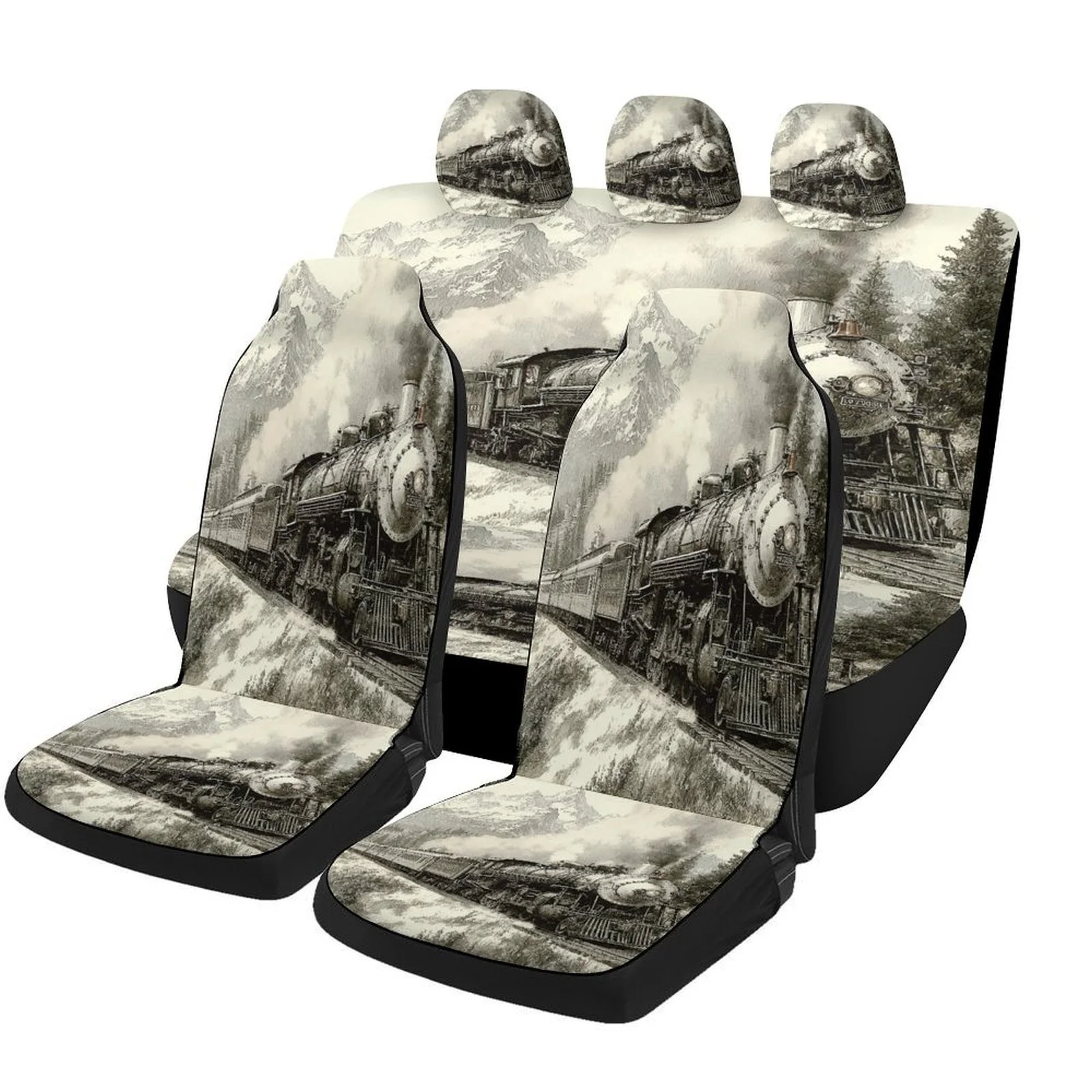 Steam Train Journey Themed Car Seat Cover Set For Most Cars, Fashionable Novelty Car Seat Protector Covers Full Set, Car Seat C