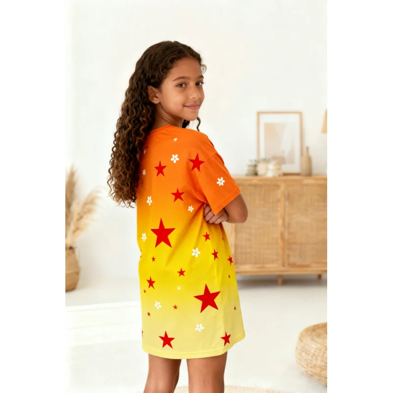 Children's Ultra-Soft Dress 2026 Vibrant Orange Cartoon Print with Fun Stars And Flowers Design for All-Day Comfort 3