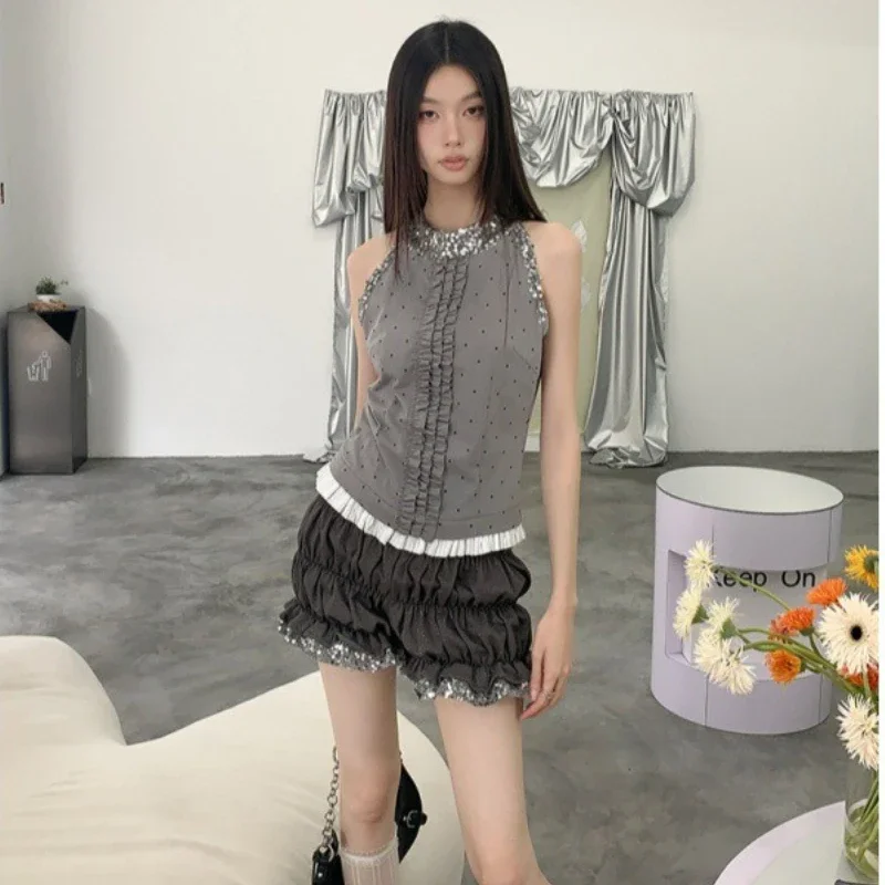 

Grey Sequin Dot Crop Top With Grey Sparkle Lantern Shorts Women Fashion Set