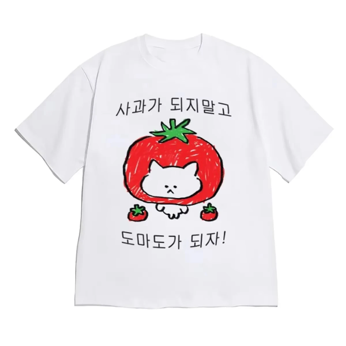 2026 New Cute Doodle Tomato Cat Korean Hangul Letter Print T Shirt Women Loose Cotton Short Sleeve Kawaii Aes