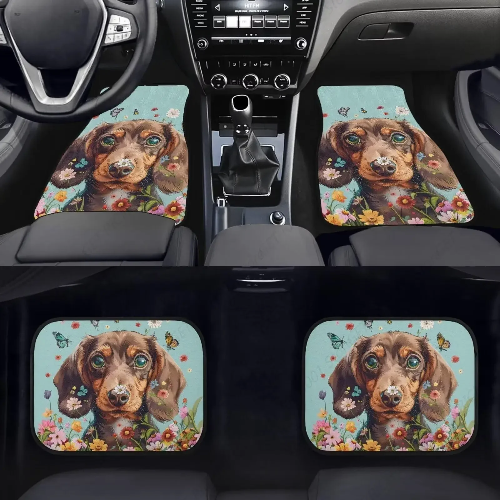 

Dachshund Butterfly Daisy Print Car Floor Mat, 4 Piece Non Slip Soft Vehicles Floor Carpet Universal Fit for Trucks SUV
