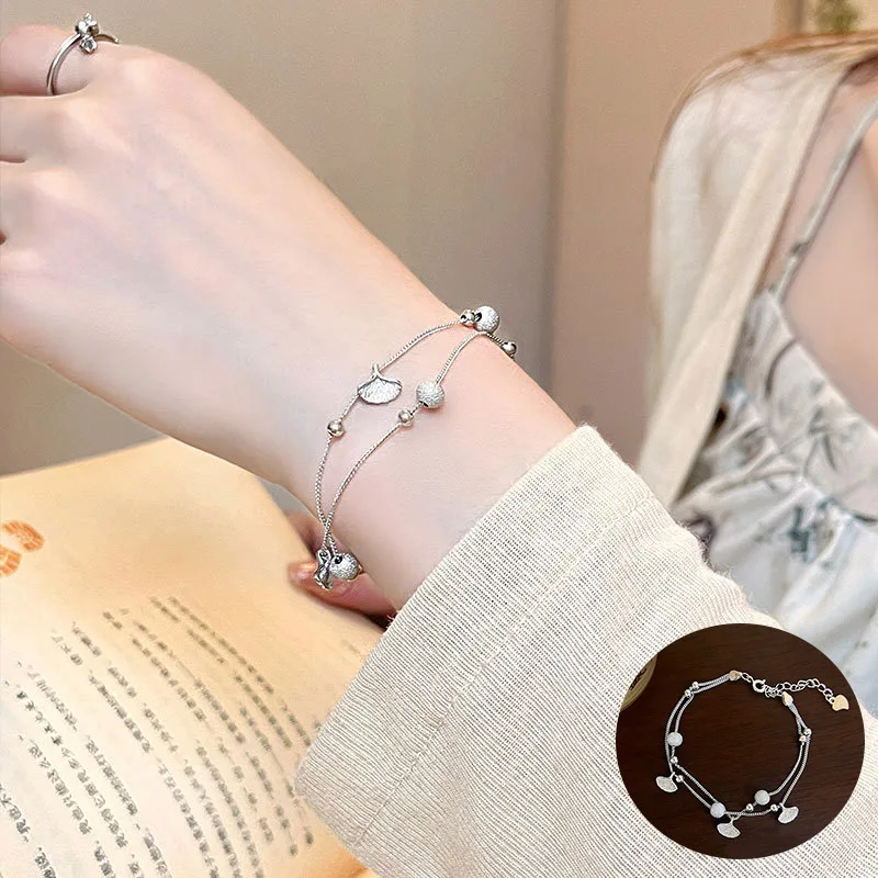 100% 925 Sterling Silver Geometric Bracelet for Women Girl Fashion Ginkgo Leaf Beads Design Jewelry Birthday Gift Dropshipping