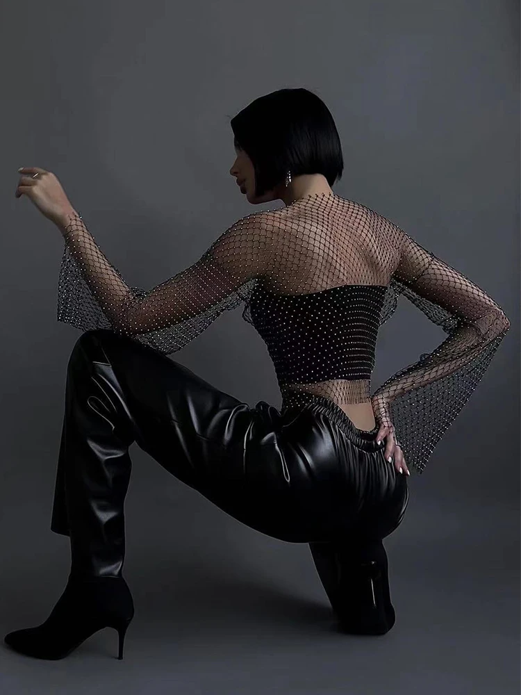 Sexy See Through Mesh T Shirt Glitter Rhinestone Fishnet Hollow Out Long Sleeve Crop Top Women Rave Party Club Base Shirt Tops