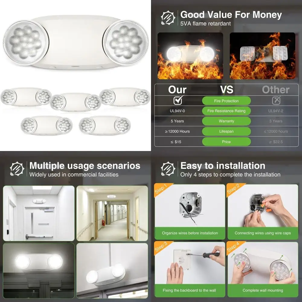 

6-Pack Hardwired LED Emergency Lights with Battery Backup, Adjustable Exit Fixtures, UL 924 Certified