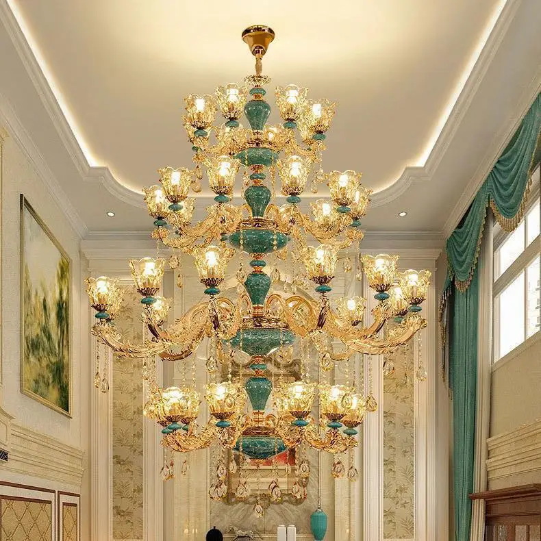 Duplex building, living room, large chandelier, European-style villa, crystal staircase, hollow building, mid-floor high-rise