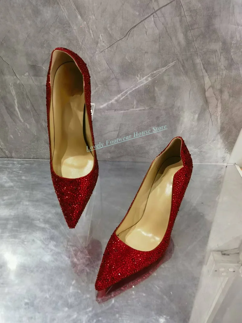 Luxury Crystal Decoration Woman Stiletto Heel Single Shoes Pointed Toe Slip On Lady Gold Red Party Wedding Pump Shoes