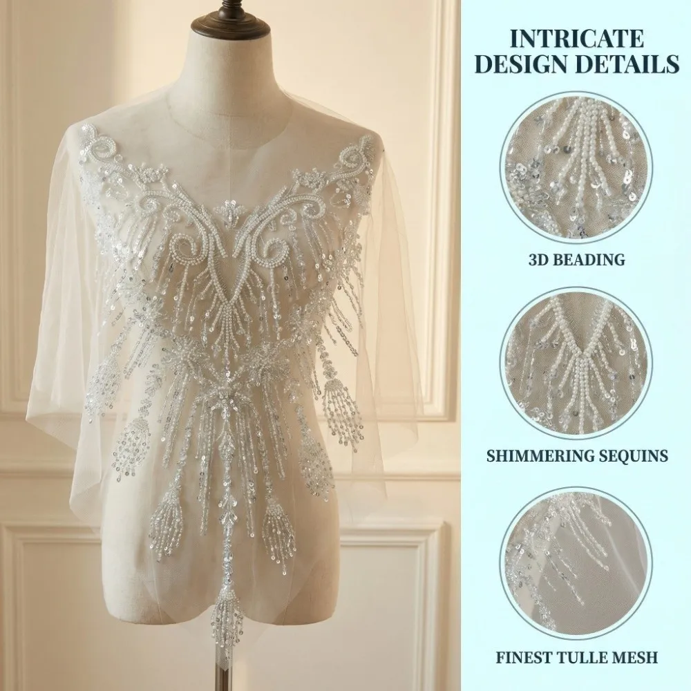 

European Style Floral Bead Embroidery Patches White 3D Flowers Beaded Sequins Lace Patch Silver Sequin French Lace
