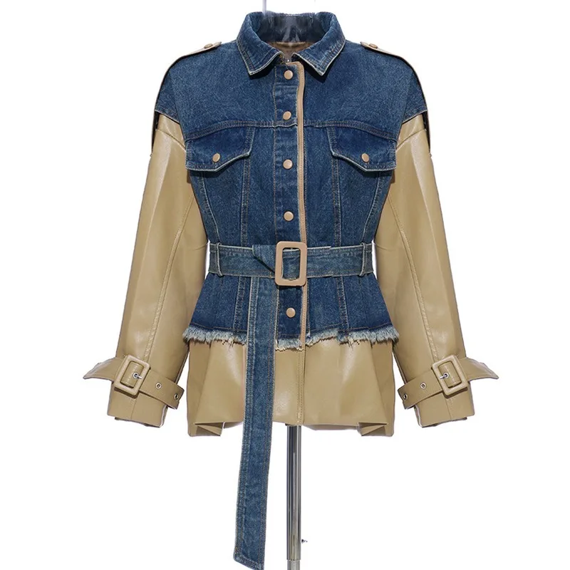 

Windbreaker Leather Jacket Autumn/winter Women Denim Patchwork Imitation Leather Jacket Personalized Street Jacket