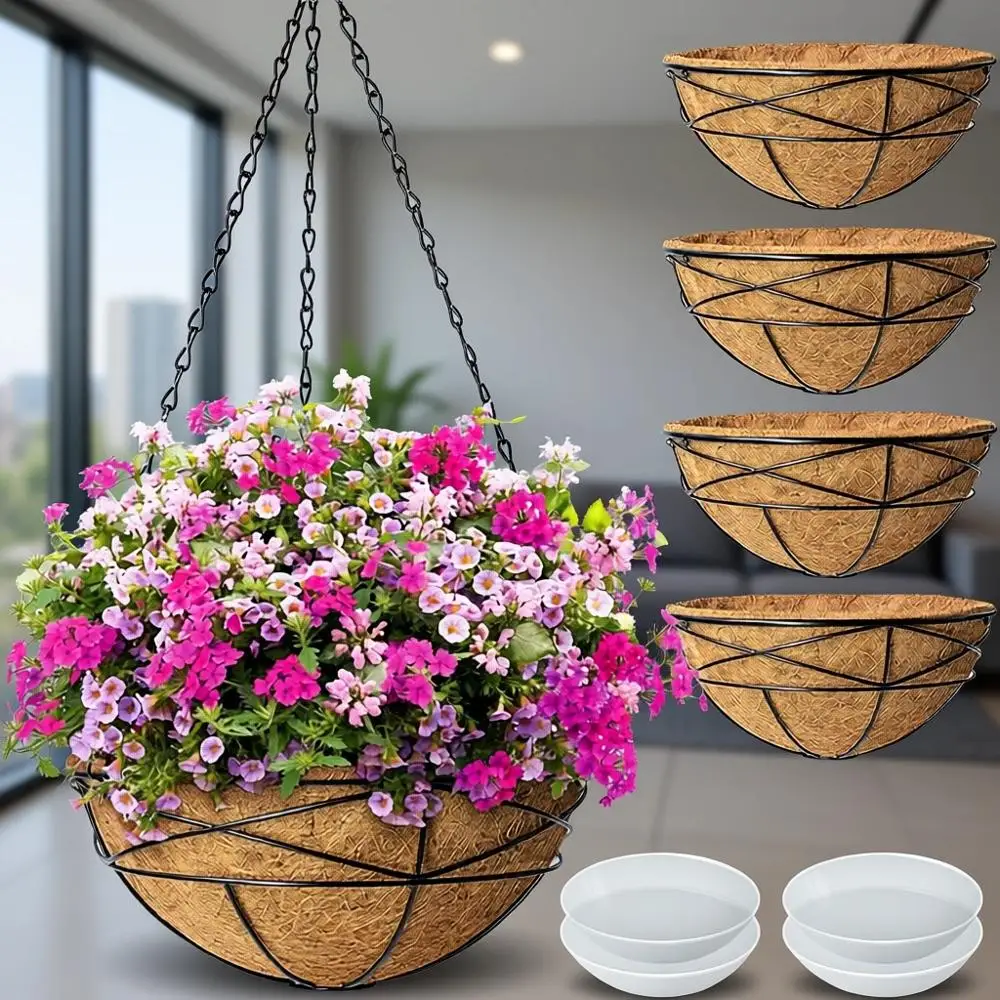 

Set of 4, 14 Hanging Lower Baskets, Large Outdoor Metal Wire Planters with Liner Pots, Ideal for Home and Garden Planting