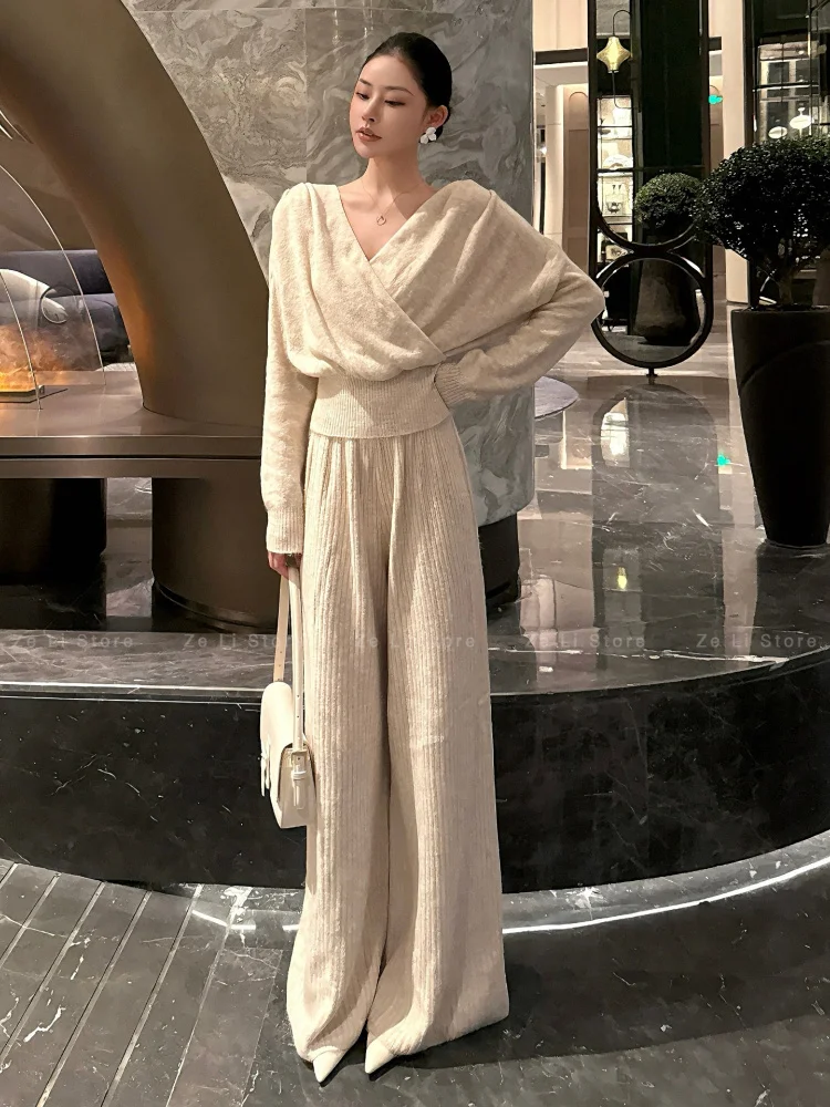 Korean Style High Waist Wide Leg Pants Knitted Cross Top Bottoms Matching Set Autumn Winter Fashion Casual Wear Women's Ensemble