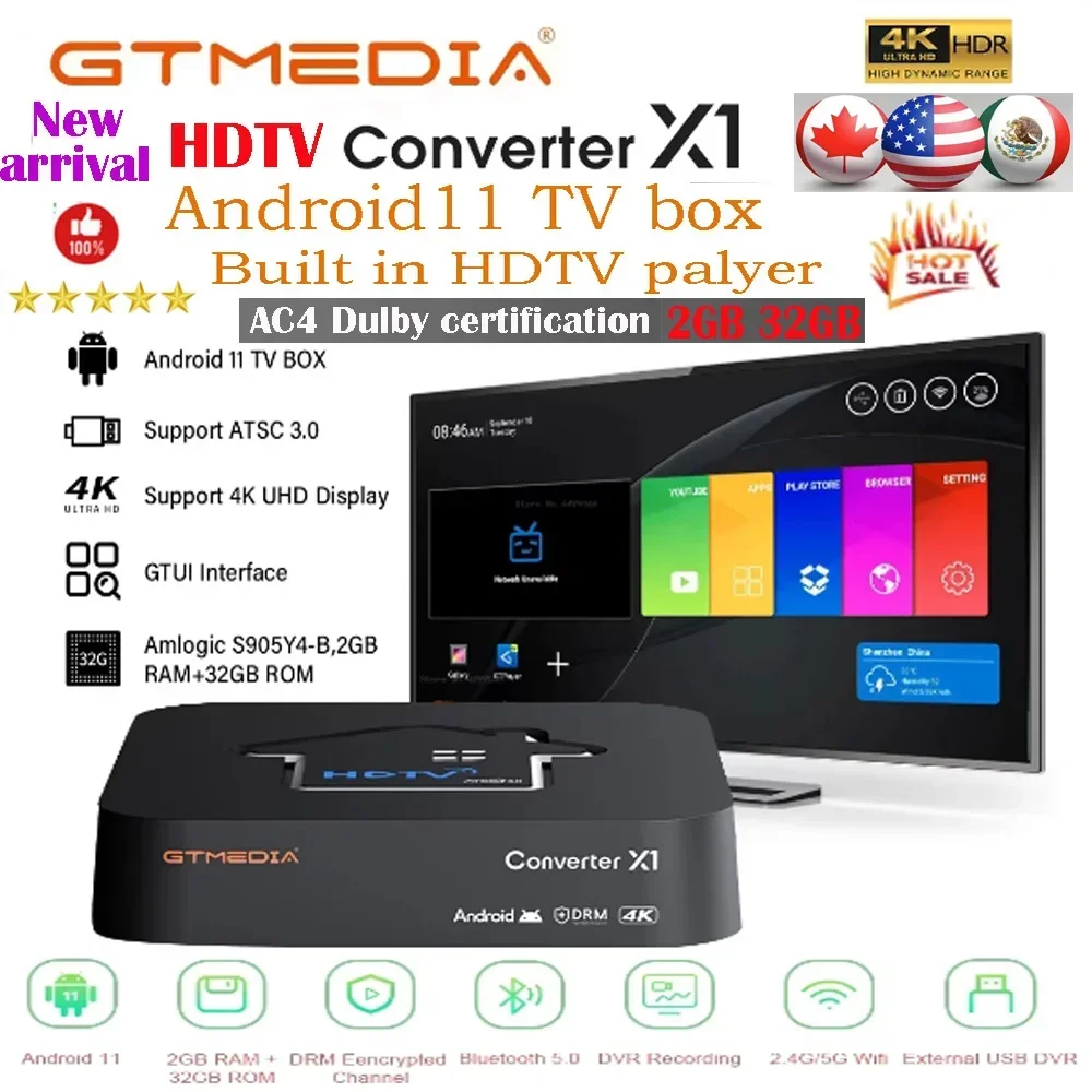 [Genuine]2025 Newest GTMEDIA HDTV Converter X1 USA Smart TV BOX Built-in BT 5.0 Support ATSC3.0 DRM HDTV player Hot in USA Canad