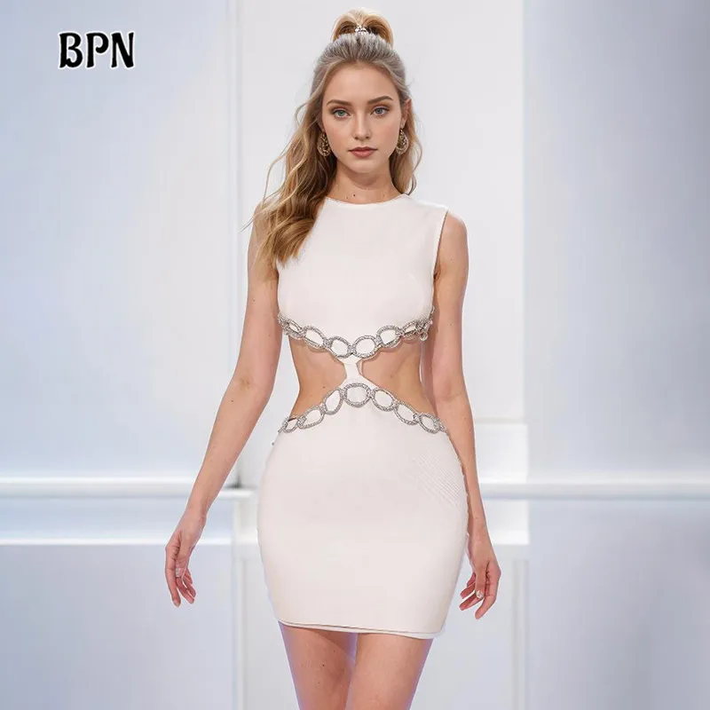 

BPN Elegant Hollow Out Dresses For Women Round Neck Sleeveless Spliced Diamonds Sexy Slimming Mini Dress Female Fashion Clothing